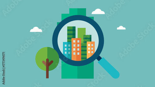 An eco-friendly urban cityscape vector illustration of green buildings and trees against the sky