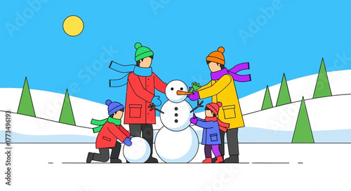 Family building a snowman in a snowy landscape with trees and a bright sun.