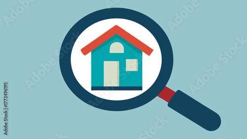 3D concept illustration of a real estate business icon showing a magnifying glass over a residential house building for sale on the web