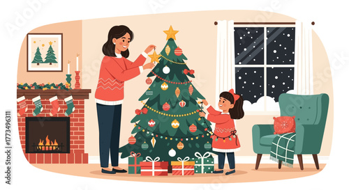 A mother and daughter decorating a Christmas tree in a cozy living room.