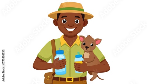 Zookeeper Caring for a Baby Kangaroo with Bottles of Milk.