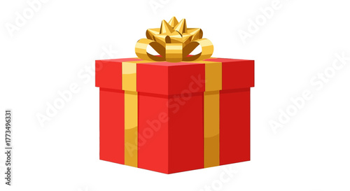 Red gift box with golden ribbon and bow.