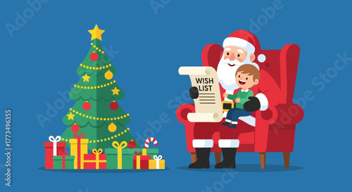 Santa Claus sitting with a child reading a wish list next to a Christmas tree.