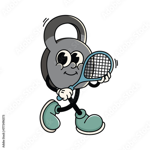 Happy Kettlebell Cartoon Holding Tennis Racket