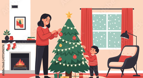 Mother and child decorating a Christmas tree in a cozy living room.