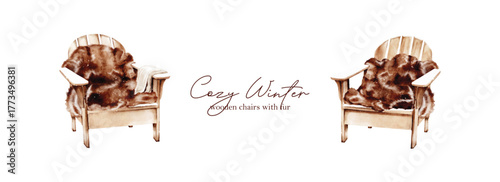 Cozy Winter wooden chairs with fur watercolor vector