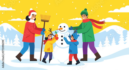 Family building a snowman in a snowy winter landscape with trees and falling snow.