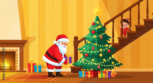 Santa Claus placing presents under a Christmas tree while a child watches from the stairs.