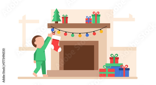 Illustration of a child hanging a stocking on a fireplace mantle decorated with Christmas lights.