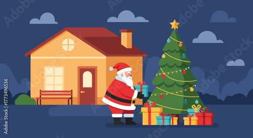 A mother holding her child in front of a Christmas tree, vector illustration.