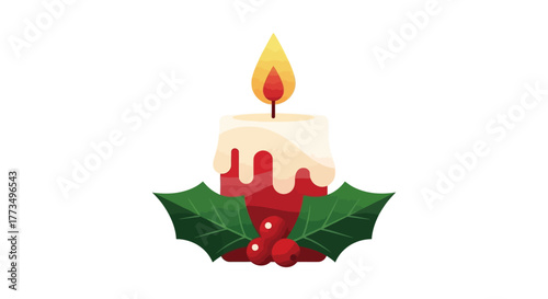 Festive candle with holly leaves and berries, holiday decoration.