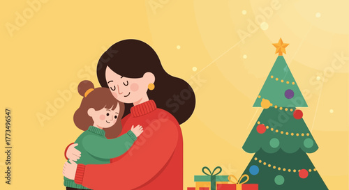 A mother hugs her daughter in front of a Christmas tree, creating a warm and loving holiday scene.