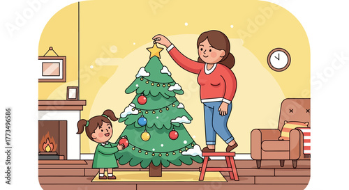 A mother and daughter decorate a Christmas tree together in their cozy living room.