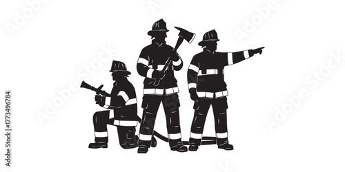 firefighter silhouette vector icon design, Black silhouette art of a firefighter in action with fire and axe, Firefighter climbing stairs icon silhouette vector with white background
