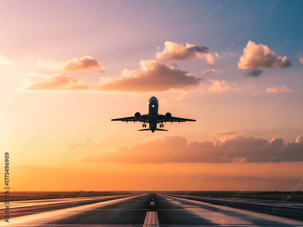 Fototapeta premium Airplane taking off into a vibrant sunset sky over a runway