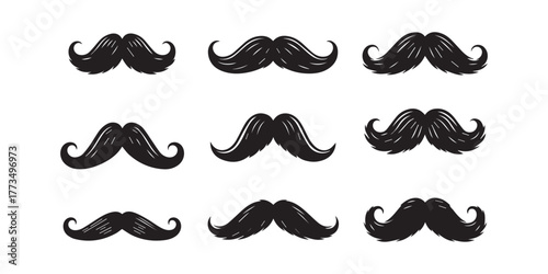 mustache silhouettes in vector retro style, mustache silhouettes with sunglass, top hat, hats, outline coloring book page line art etc