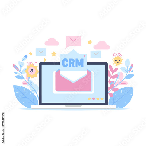 CRM email marketing concept, digital communication and customer relationship management on laptop screen