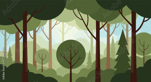 Cartoon illustration of a dense forest with tall trees and green foliage under a bright sky