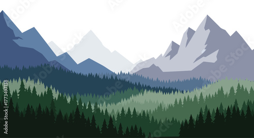 A simple landscape illustration of mountains and a forest with trees in varying shades of green
