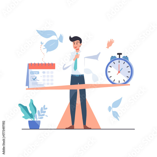 A professional businessman successfully juggles deadlines and schedules, illustrating the concept of effective time management and work-life balance on a scale