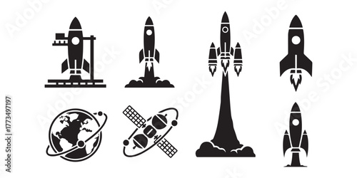 Set of rocket vector icons. Launch spaceship or spacecraft. Rocket fast flying for space. New business start up.