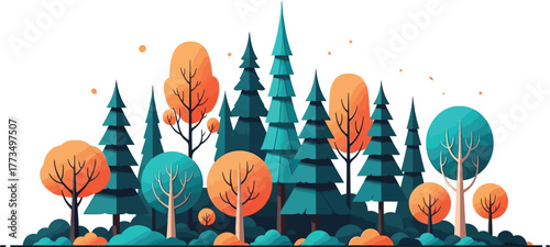 A stylized illustration of a forest with teal pine trees and orange leafed trees on white background