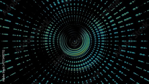 Abstract circular pattern with dots colorful, dark background, visual art