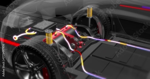 Electric vehicle cross section displaying engine, battery, and current flow. Electric cars related 4K 3D Animation.