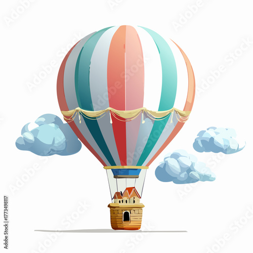 Colorful hot air balloons fly high in the blue sky above the clouds, a vibrant illustration of air travel and fun adventure