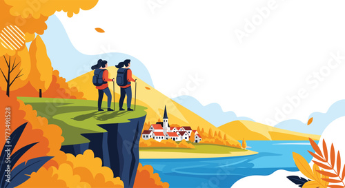 Two hikers enjoying the breathtaking autumn view of a picturesque village nestled by a serene lake from a mountain cliff.