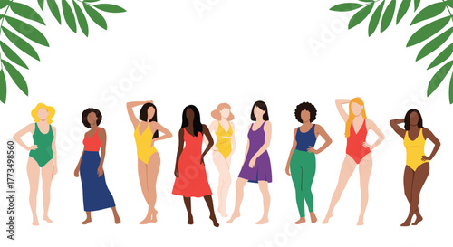 A vibrant illustration of diverse women of different body types and ethnicities, confidently dressed in colorful swimsuits and casual summer attire, promoting body positivity.