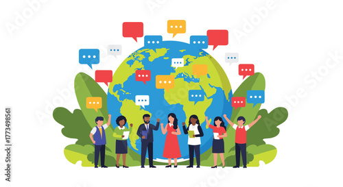 Group of diverse people standing together with a globe and numerous speech bubbles, illustrating global communication, social network, diversity, and community engagement.