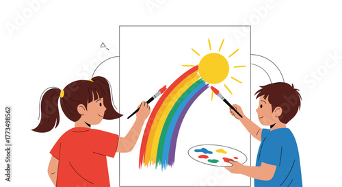 Two cheerful children joyfully collaborate to paint a vibrant rainbow and a shining sun on a canvas, embodying childhood creativity and shared fun.