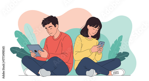 Young man and woman sitting back-to-back, engrossed in their digital devices, illustrating modern digital connectivity and potential social isolation.