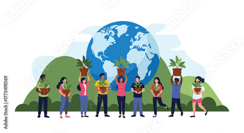 Diverse group of people holding potted plants, symbolizing global environmental protection and community action for a greener planet.