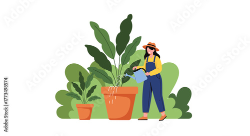 A cheerful young woman in a straw hat and blue overalls is tenderly watering a vibrant green houseplant in a terracotta pot, surrounded by lush indoor greenery.