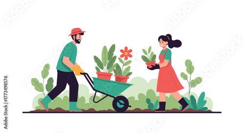 Happy couple gardening, planting flowers and greenery in their garden, carrying potted plants and using a wheelbarrow to transport them.