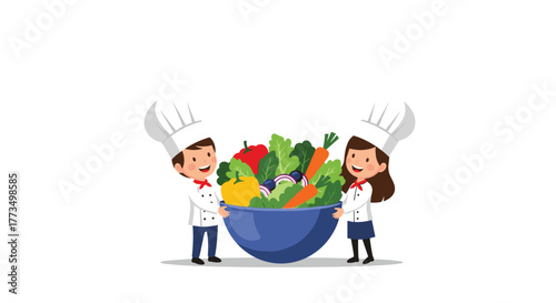 Two cheerful cartoon children, dressed as chefs, happily present a giant blue bowl brimming with a fresh, vibrant, and healthy mixed vegetable salad.