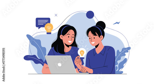 Two young women collaborate on a laptop, sharing ideas and innovative solutions in a modern office or creative workspace.