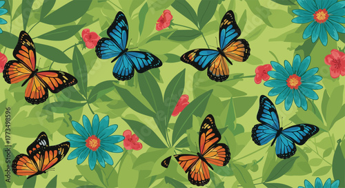 A vibrant seamless pattern featuring colorful monarch and morpho butterflies among lush green foliage and bright blue and red flowers, creating a lively nature-inspired design.