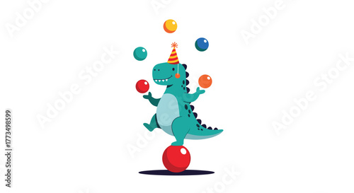 Cute cartoon dinosaur balancing on a red ball and juggling colorful spheres while wearing a festive party hat, set against a clean white background.