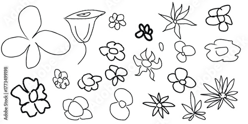 Kids hand drawn naive floral doodle set, childish chalk spring garden flowers, wax crayon botanical sketch collection for kindergarten and nursery print