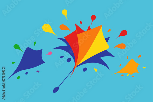 Brightly colored autumn leaves decorate a vector illustration of an umbrella and tree with a hint of rain under a blue sky