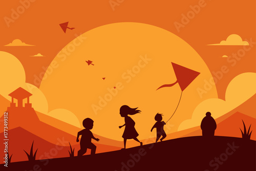 Children play in the sand on a tropical beach at sunset, creating a joyful family silhouette