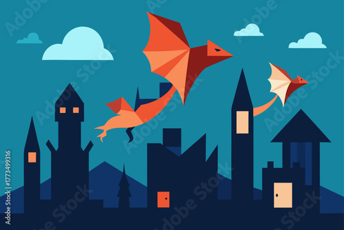 Cartoon vector illustration of a haunted city at night with a castle silhouette against the dark sky