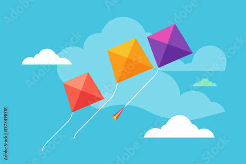 A colorful kite flies high in the blue sky over a tropical beach with a parasol near the ocean sand during a summer vacation trip