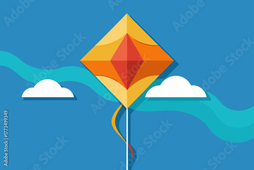 The colorful kite soars against the clear summer sky, a small vector illustration of travel and nature over a mountain landscape