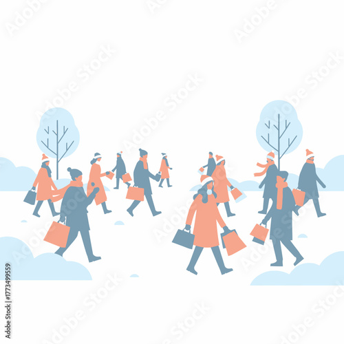 People walking in winter with shopping bags.