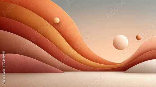Abstract landscape with floating spheres and layered waves in warm tones