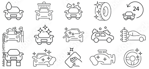 Car wash vector icon set. Car wash cleaning service icon set. Icon for engine cleaning, soap suds, ceramic coating, water spray, wheel scrub, seat cleaning, wash rinse and more. Vector illustration.